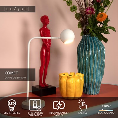Lucide COMET - Lampe de bureau Rechargeable - Batterie/Piles - LED 3 StepDim - 1x3W 2700K - Blanc